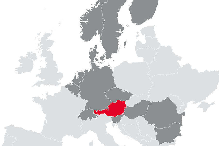© ÖBB/pyty/adobe.stock.com Austria, Belgium, Bulgaria, Czech Republic, Denmark, Finland, Lichtenstein, Germany, Hungary, Norway, Romania, Slovenia, Sweden, Switzerland, The Netherlands - Map of Europe with countries where the railpower box is used