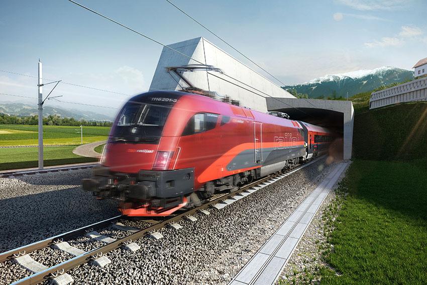 © ÖBB/isochrom Visualisierung eines Railjets, der aus dem Koralmtunnel fährt.