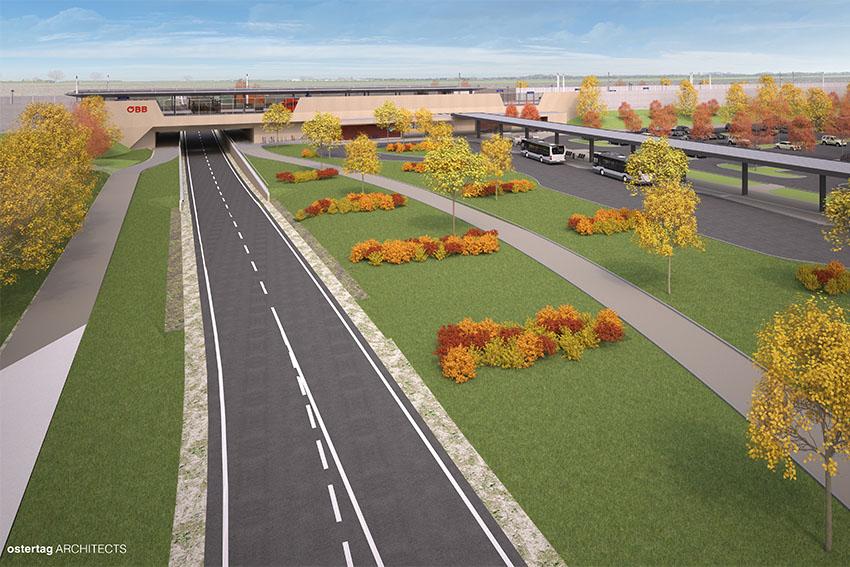 © ÖBB/Ostertag Architects Visualisierung Bahnhof Ebreichsdorf aus der Vogelperspektive
