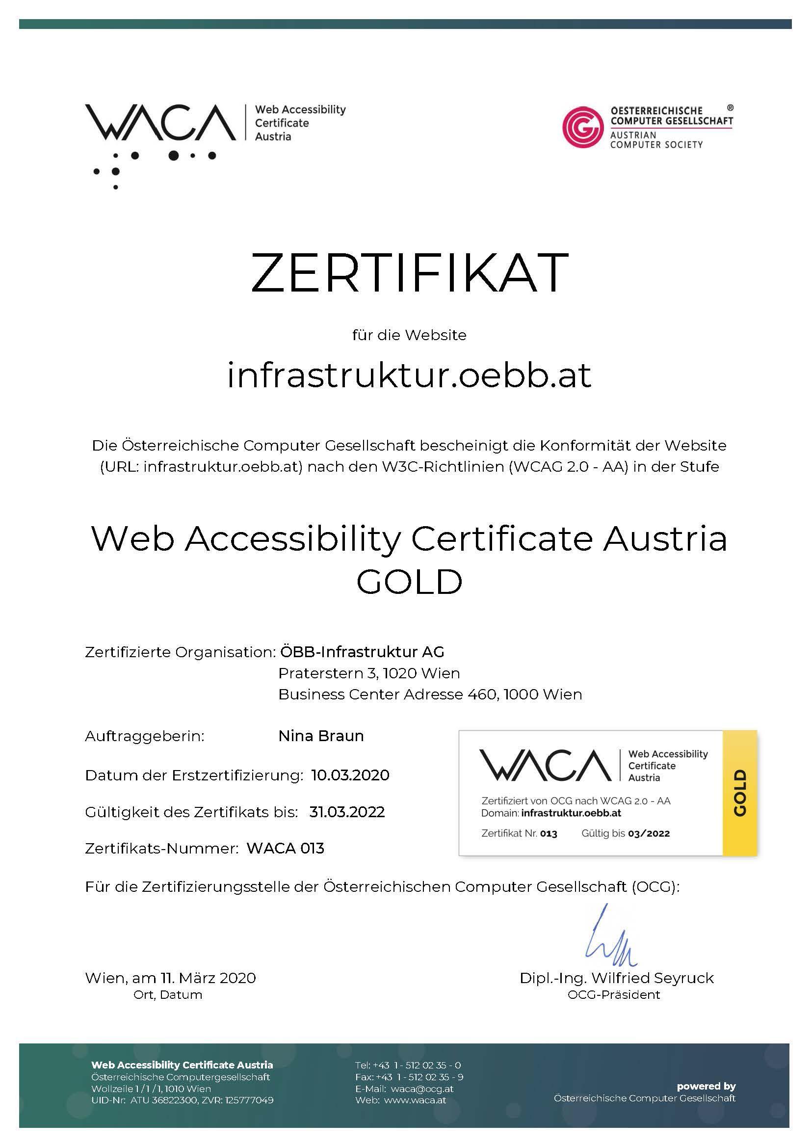 © ÖBB/Waca Gold Zertifizierungs-Urkunde von Waca